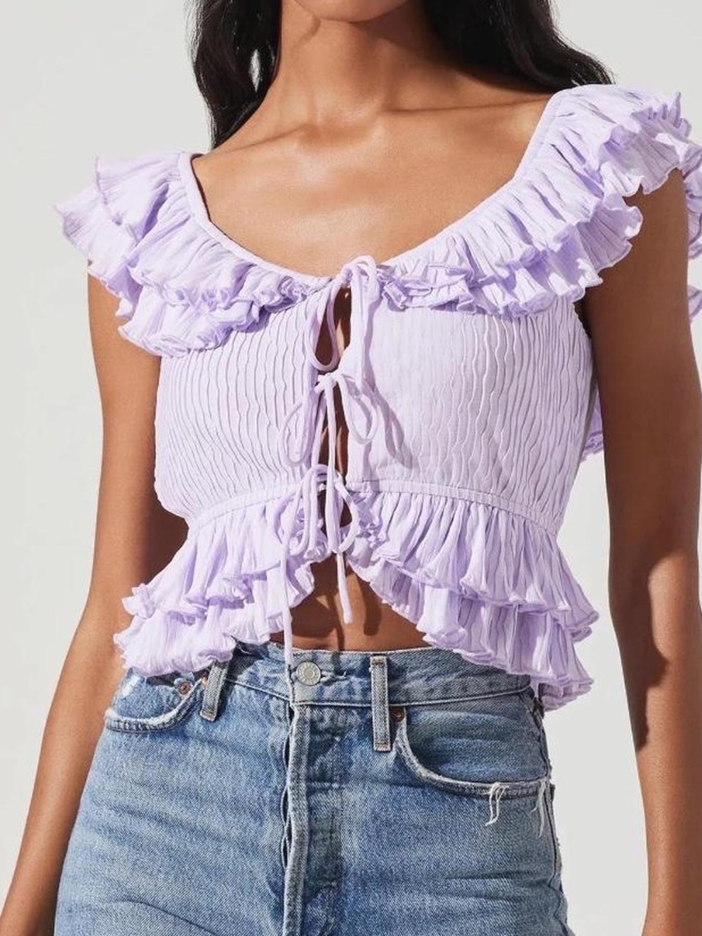 Lavender Ruffle Tie-Front Tiered Crop Top Flirty Cottagecore Lilac purple